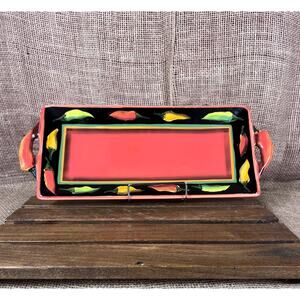 Clay Art Rectangle Jalapeno Hand Painted, Pepper Handled Serving Platter / Tray